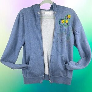 LOVE YAYA Dusty Blue Colorful Embroidered long sleeve Zip Up Hoodie Top 2 Medium
